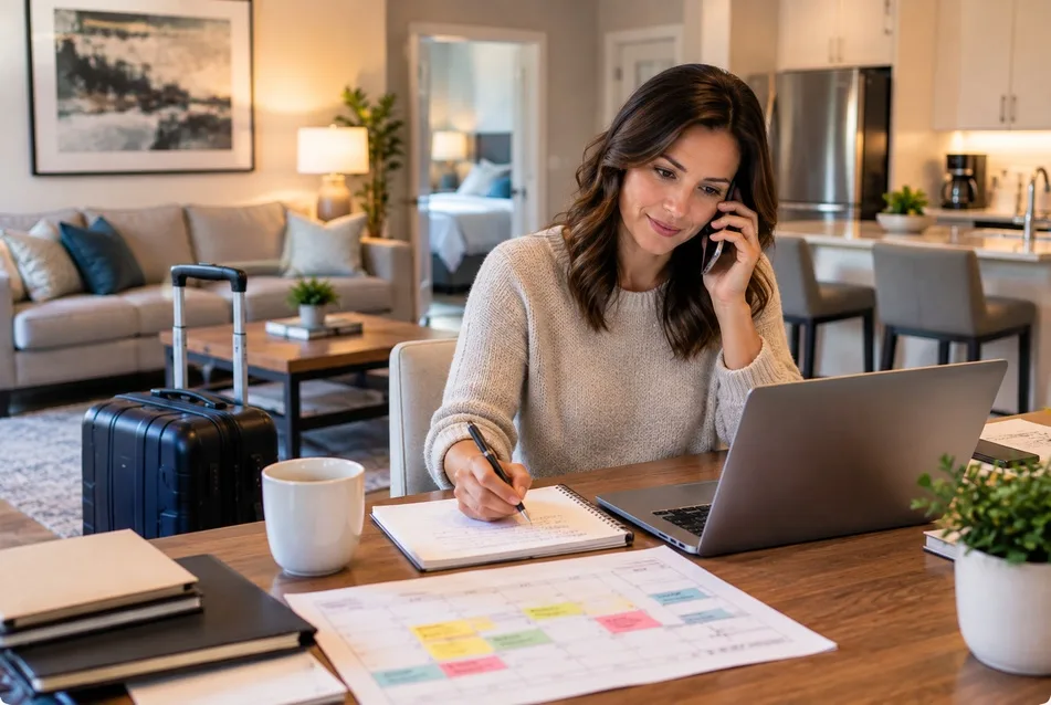 Professional adjusting her schedule while staying in flexible-term corporate housing in Simpsonville.
