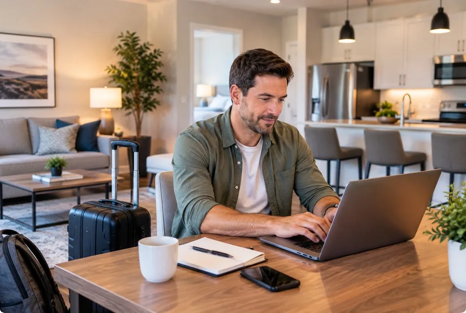 Family settling into furnished corporate housing after relocating to Simpsonville.