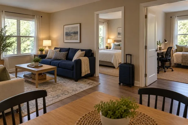 Furnished apartment with a navy sofa, bedroom, separate room with a desk and daybed, and a suitcase.